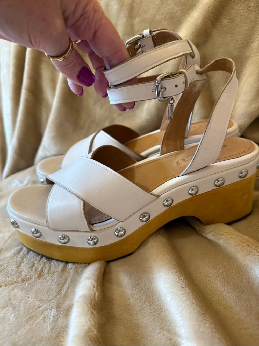 Coach Astor Cream Leather Wood Platform Sandal with Stud Accents